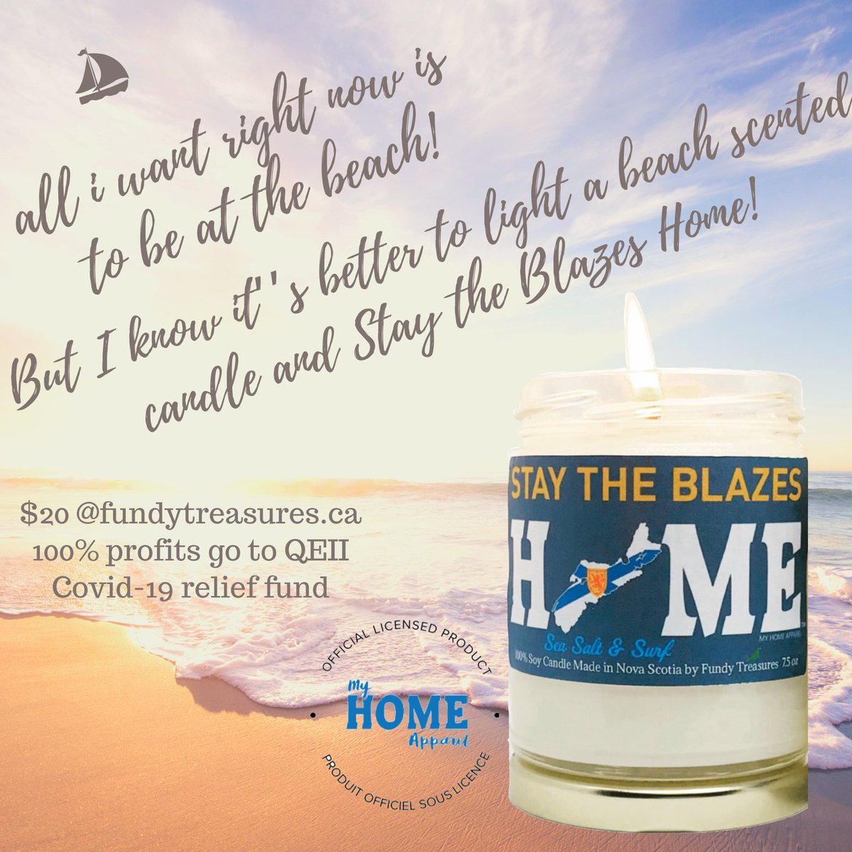 FundyTreasures's tweet photo. ���Stay the Blazes Home” Candles are now available for preorder at https://t.co/Oz1WP3piaN link in comments.  
$20 each with 100% of the profits going to the QEII Covid-19 relief fund. #fundytreasures #beach #beachvibes #beachlife #NovaScotia #Canada  #StayTheBlazesHome https://t.co/f8pGOV2StL