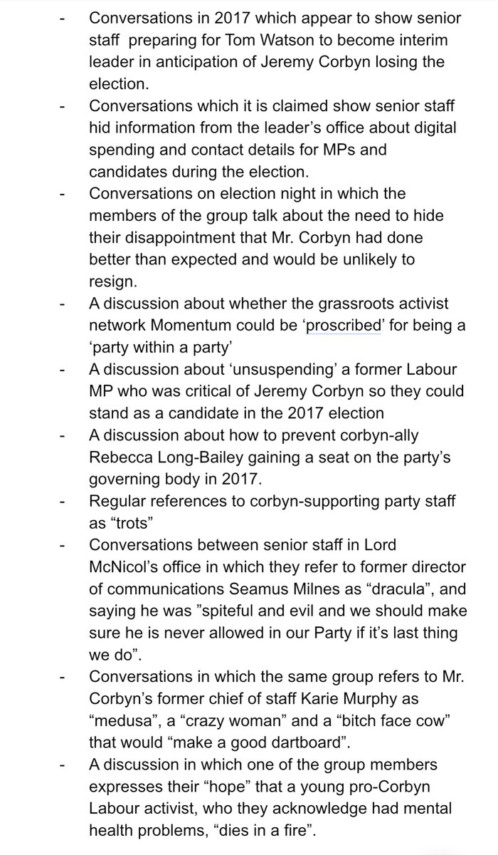 The whatsapp messages, which the report claims were leaked to the investigation by one of the group's members, show the private conversations of senior party managers & staff in Labour's Southside HQ during the time of Lord McNicol's tenure as general secretary - they reveal: