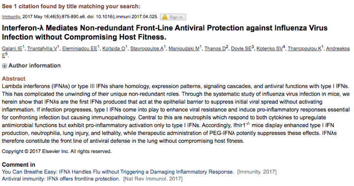 17/"•IFNλs are the 1st IFNs produced that suppress initial viral spread•IFNλs exhibit potent antiviral functions w/o activating inflammation•Type I IFNs come up later to enhance antiviral & pro-inflammatory responses" https://doi.org/10.1016/j.immuni.2017.04.025