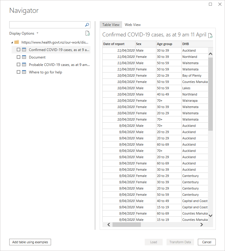 5. I fired up  #PowerBI and used PowerQuery to get data. While it can be downloaded as XLS, I'm scraping it direct from the page.  @minhealthnz add datetime to all table names that unnecessarily makes this harder. Not cool, MOH. https://www.health.govt.nz/our-work/diseases-and-conditions/covid-19-novel-coronavirus/covid-19-current-situation/covid-19-current-cases/covid-19-current-cases-details#probable