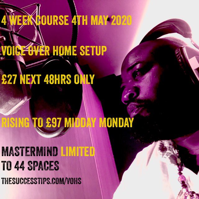 Spoonface1's tweet photo. 4 week course
4th May 2020
Voice Over Home Setup 
£27 next 48hrs ONLY 
Rising to £97 midday Monday 

Mastermind limited to 44 spaces 

Enrol here:
https://t.co/t5ZFlTNaNt 
#thevoiceguy #voiceover #actor #accountability #workingfromhometips #workingfromhome https://t.co/L6YXvN4MjF