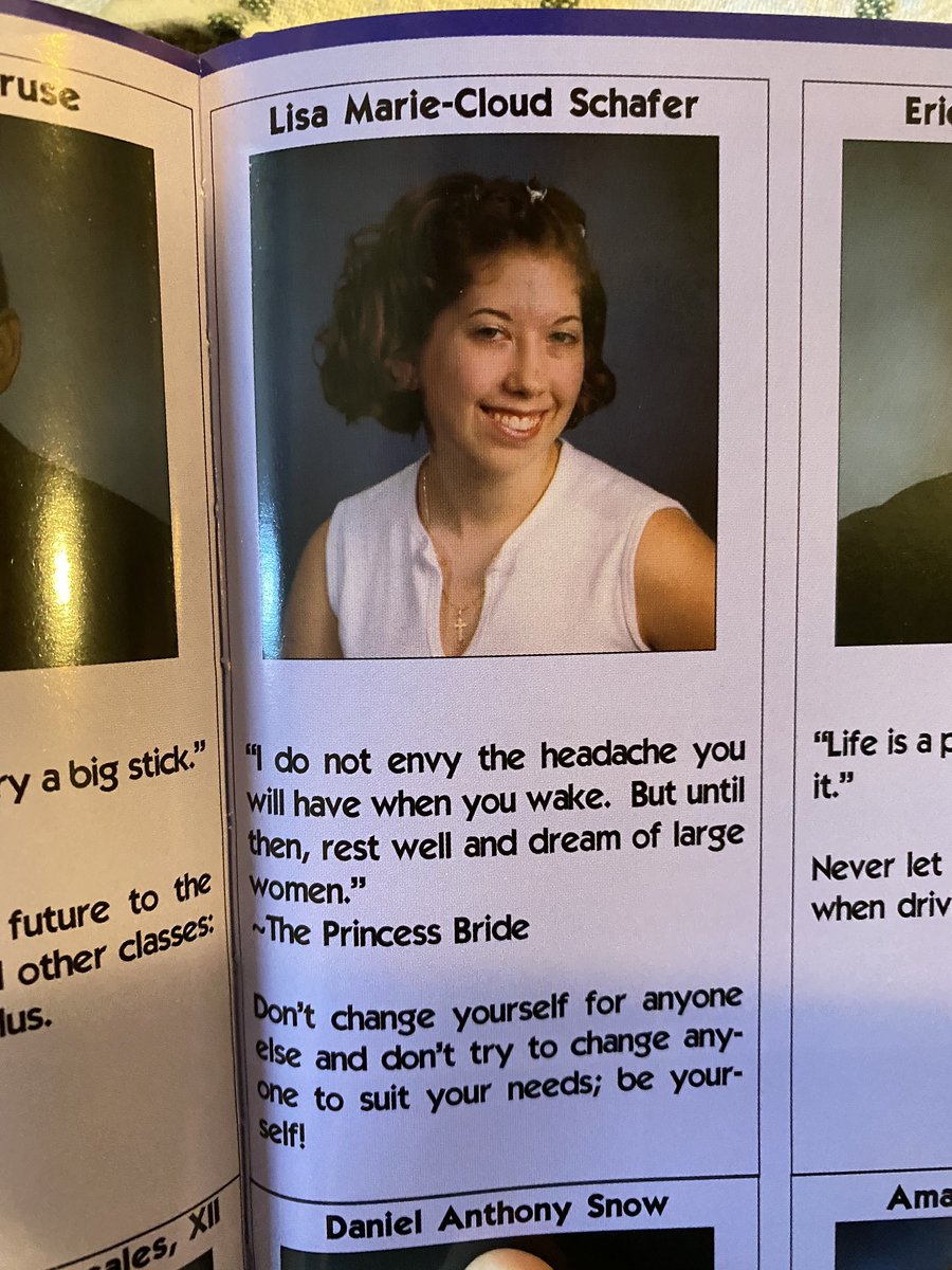 MmeGoodenough's tweet image. Okay, #Classof2020 , I’ll play.  I don’t have any copies of my Senior pic, but here is my absurd quote from 2001. #iwasweird #stillam