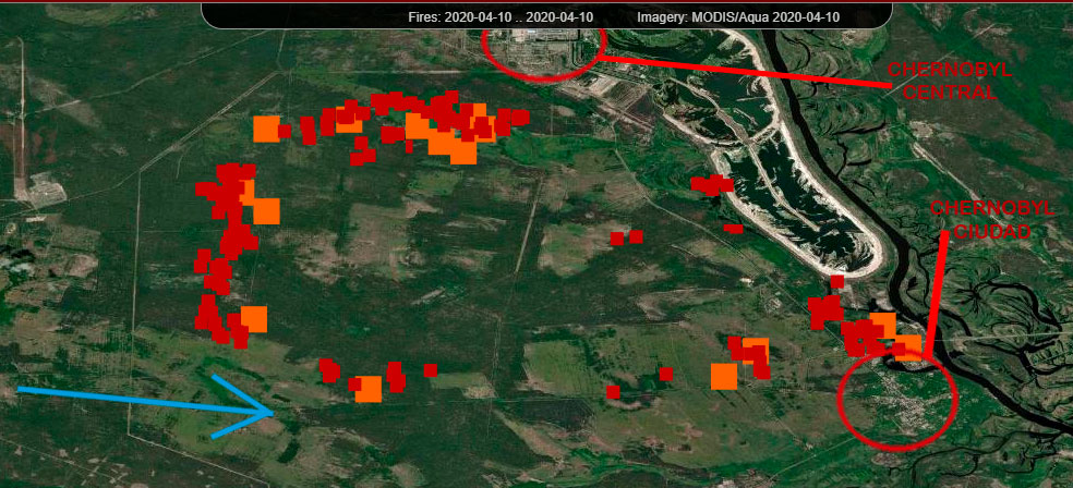 DÍA 11 DE ABRILEl  @dsns_ua informa que en la lucha contra el incendio están involucradas 312 personas, 83 vehículos terrestres, 3 aviones y 3 helicópteros. El resultado se observa en las dos imágenes adjuntas de los días 10 y 11: una notable reducción de los focos activos.