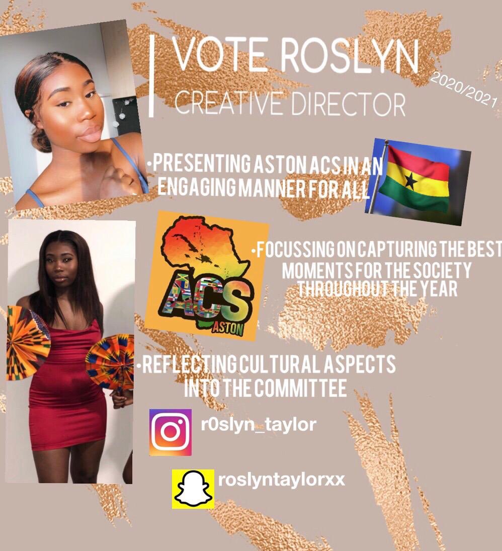 Aston_ACS's tweet photo. Name: Roslyn (@roslyntaylorxo) 
Course: Business and Management 

Role applied for: Creative Director 

“I aim to bring positive energy through my creativity which I will be able to showcase throughout the year. This will guarantee good vibes and unity within the committee.” https://t.co/Zz6zlcEpTo
