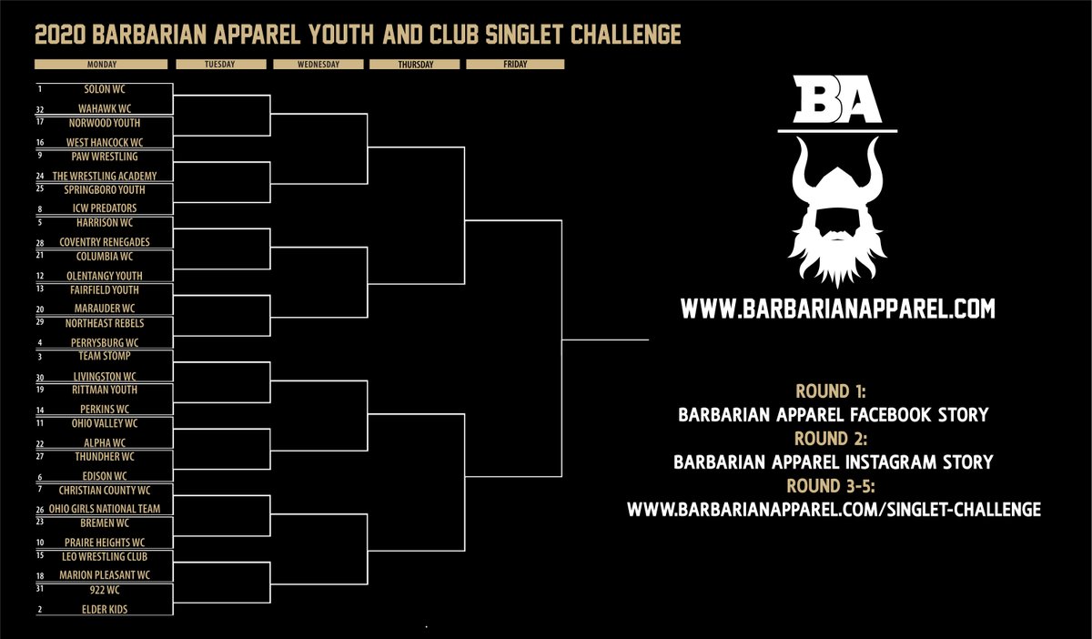 The bracket is set. Round 1 will start on facebook.com/barbarianappar… at 9am eastern. The matchups will be in our story. Good luck