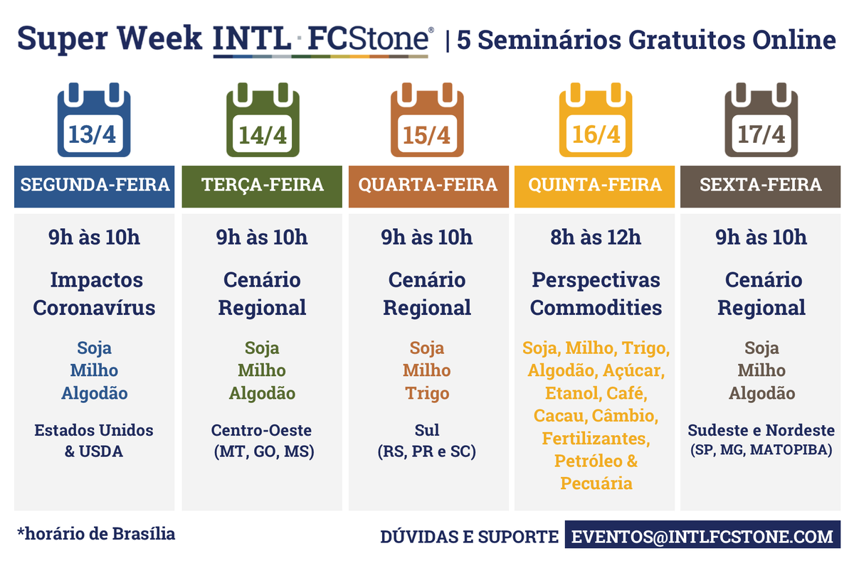Junte-se à nós na próxima semana durante a Super Week @FCStoneBrasil, em 5 Seminários Gratuitos Online. 
INSCREVA-SE:
 
13/4 – tinyurl.com/superweekfcsto… 
14/4 – tinyurl.com/superweekfcsto… 
15/4 – tinyurl.com/superweekfcsto… 
16/4 – tinyurl.com/perspectivasfc… 
17/4 – tinyurl.com/superweekfcsto…