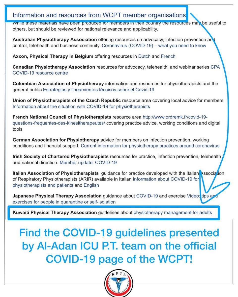 الموقع الرسمى للاتحاد العالمي للعلاج الطبيعي يوثق تقرير قسم العلاج الطبيعي بمستشفى العدان (فريق العناية المركزة) - عن طريق موقع جمعية العلاج الطبيعي الكويتية - حول التعليمات المتبعة في الكويت لدور العلاج الطبيعي مع مرضى الكوڤيد-١٩
<a href="/KPTAQ8/">KPTA</a>