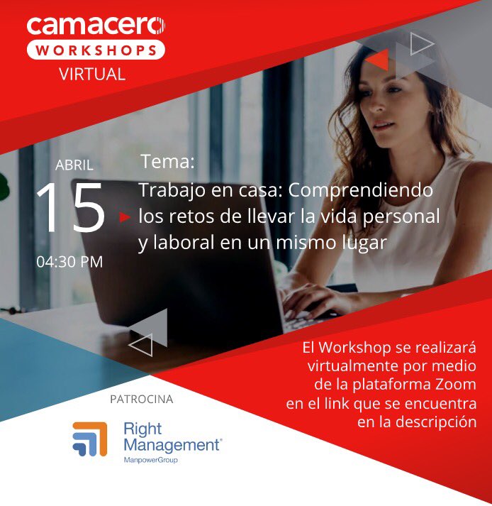 #Workshops |🗓Aprenda sobre los retos de llevar la vida personal y laboral en un mismo lugar 🏠. Acompáñenos el próximo 15 de abril a este Workshop que se llevará a cabo de manera virtual por medio de la plataforma Zoom. ¡Los Esperamos!