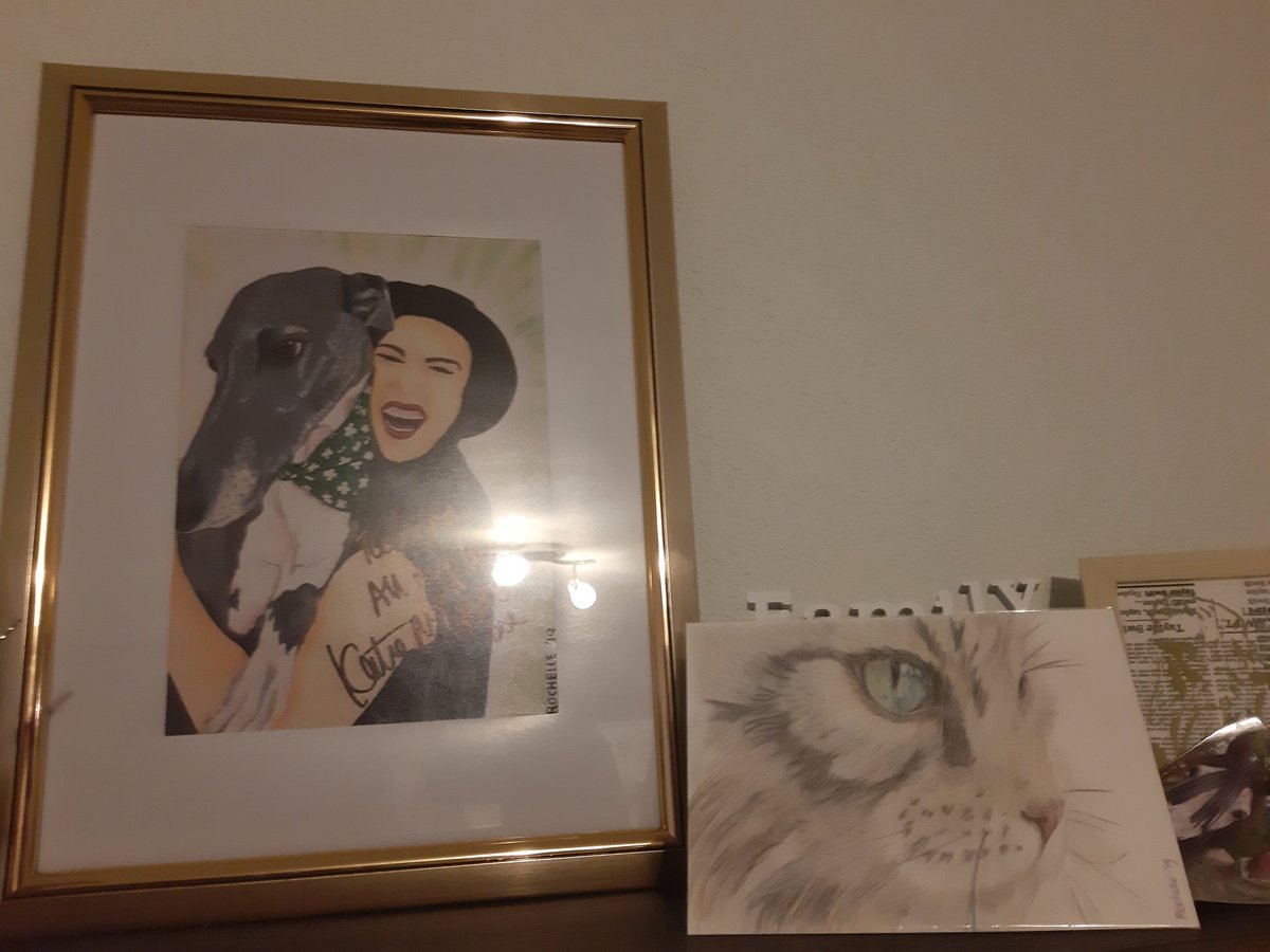  @AndreaKBrooks Then there's Katie & Ushy, a coloured drawing of my cat Gizmo. And 2 charcoal drawings or Rebekah from Vampire Diaries and a painting of Sara Canning (fun fact: first acryllic painting of a person and I didn't know how to blend haha). And 3 more on the cabinet 