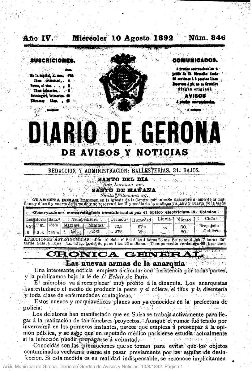 RamonIglesias68's tweet photo. “El microbio va a reemplazar muy pronto la dinamita. Los anarquistas han estudiado el medio de producir la peste y el cólera, el tifus y la disentería (...) Estos nuevos y maquiavélicos planes ya son conocidos en la prefectura de Policia”. 
Portada Diario de Gerona agost de 1892 https://t.co/LFiTRqDzh7
