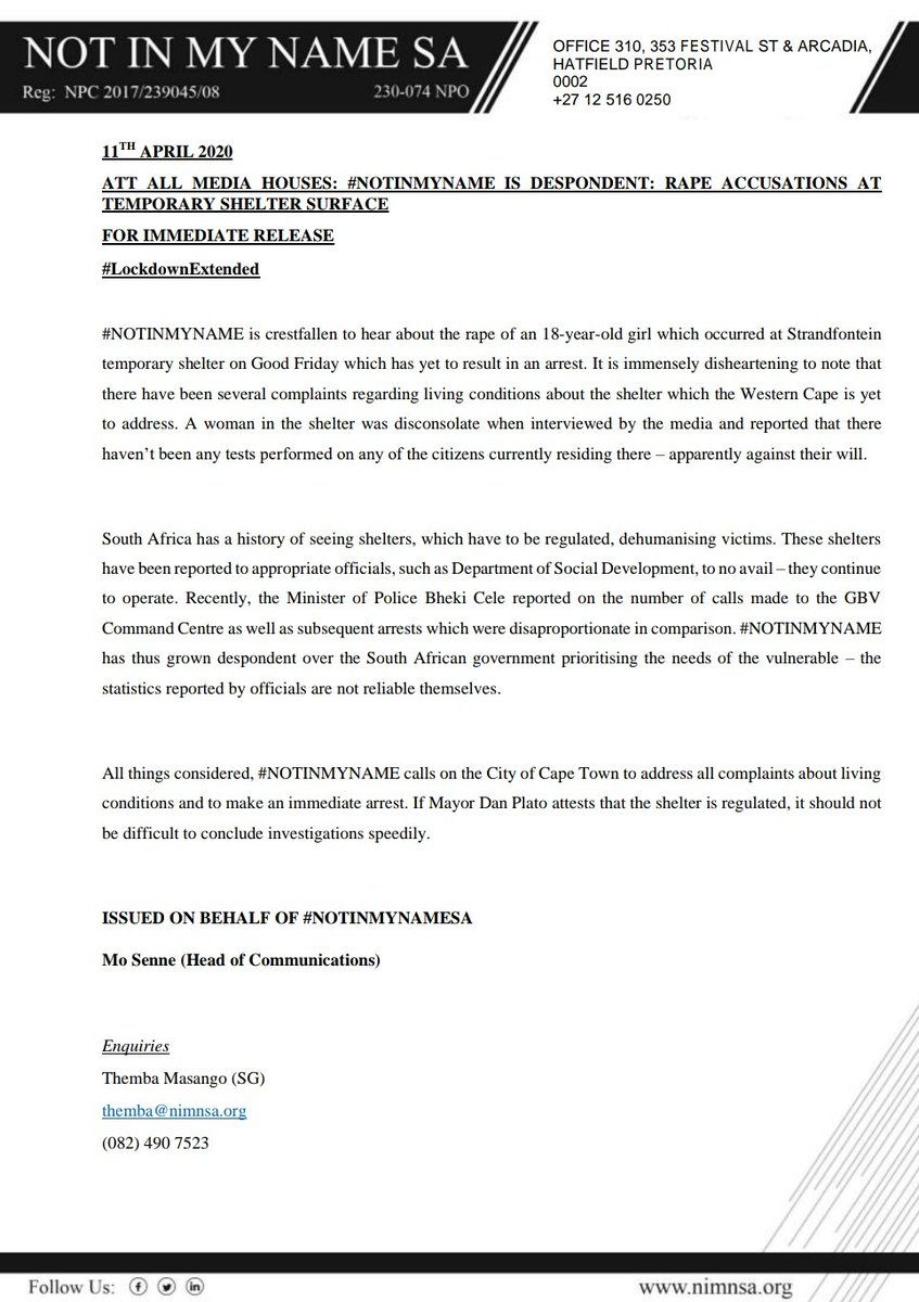 NotInMyNameINT's tweet photo. #NOTINMYNAME IS DESPONDENT: RAPE ACCUSATIONS AT TEMPORARY SHELTER SURFACE
ISSUED ON BEHALF OF #NOTINMYNAMESA
✍ @Mo_Senne ( Head of Communications)
Enquiries
@BroThemba (SG)
#day16oflockdown #LockdownSAExtended https://t.co/d7PPDZ5FO6