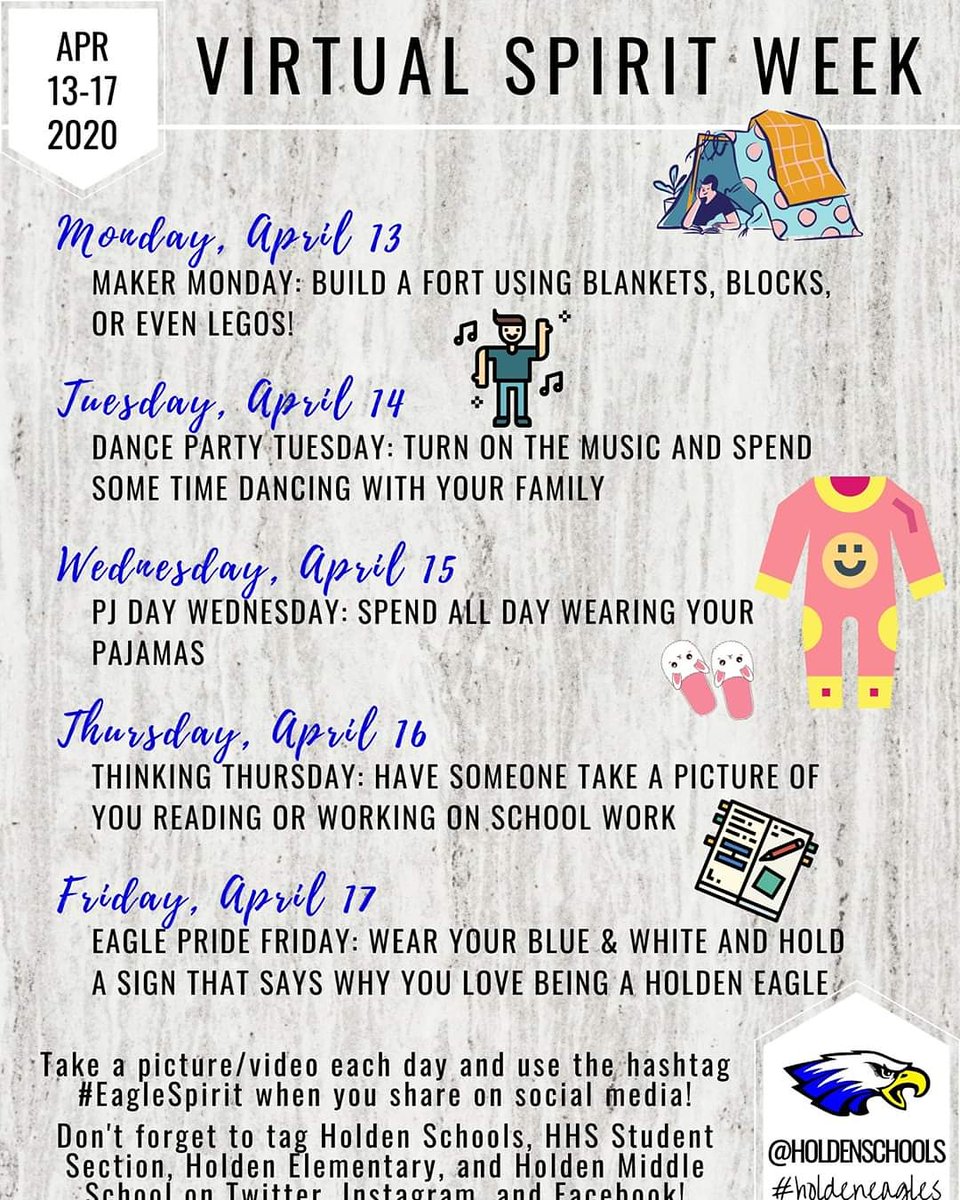 Join is in our Virtual Spirit Week!! Make sure to tag <a href="/HoldenSchools/">Holden R-III School District</a> or <a href="/HHSSTUDENTSECC/">HHS STUDENT SECTION</a> and use the hashtag #EagleSpirit
