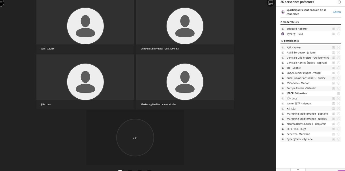 Très belle initiative de <a href="/synerghetic/">Synerg'hetic</a> pour l'organisation de cette table ronde sur la Gestion de sa Junior en période de confinement ! Les Juniors ont pu échanger sur leurs best-practices en ces temps exceptionnels. #WeAreJE #VieAssoECE