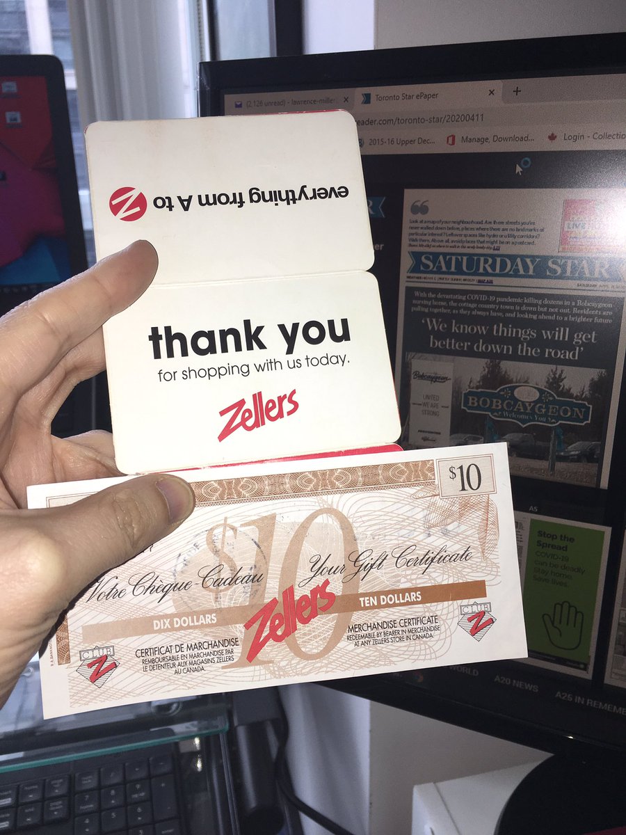 LawrenceMiller's tweet photo. Good afternoon @ZellersStore. It is I, your favourite shopper with Millions of Club Z points.

Can I still make a redemption from your catalogues? Or at the very least, buy something with my #Zellers Gift Certificate.  

Sitting at home during Quarantine, flipping through pages. https://t.co/W5nwLH3Gwz