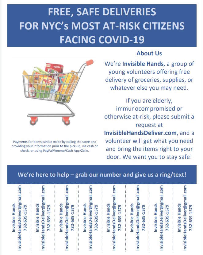 1/3At the outset of NYC's brutal  #COVID19 outbreak, 3 young NYers ( @simonepolicano,  @liamelkind and Healy Chait) mobilized thousands of volunteers almost overnight to provide a free delivery service for our at-risk neighbors.Social media and tear-off flyers got the word out.