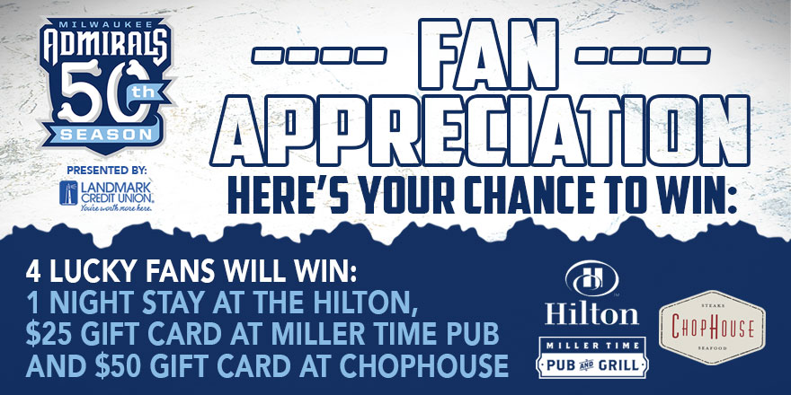 mkeadmirals's tweet photo. You deserve a night of wining and dining and the Hilton wants to help!
How does a staycation sound for the best fans in the AHL?
All you've got to do is LIKE and RETWEET this for your chance to win!

#Admirals50 https://t.co/vxmWP3HkXL