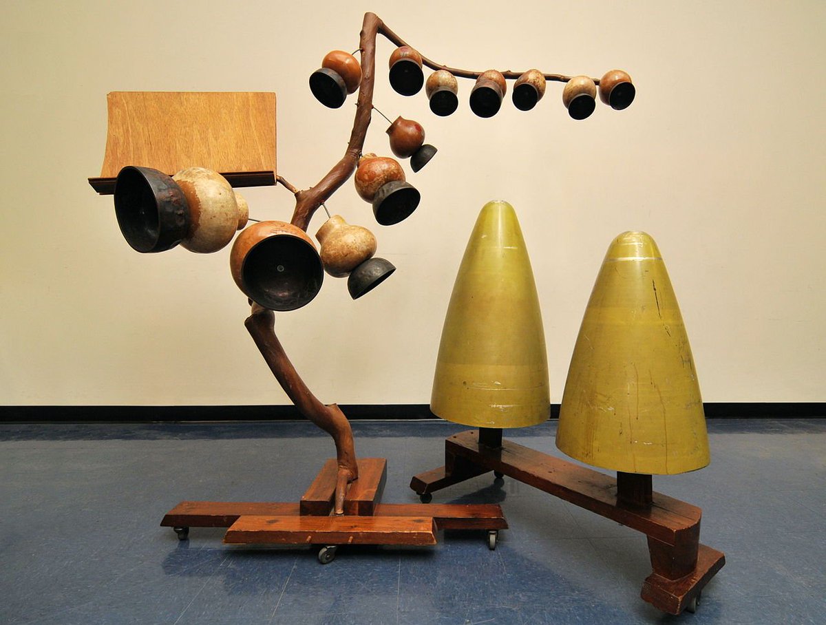 four of my favorite musical instruments invented by composer harry partch [clockwise L-R]:• gourd tree• quadrangularis reversum (a souped-up marimba)• spoils of war (what a name!)• the chromoledeon (a pump organ tuned to partch's 43-note scale, with colour-coded keys).