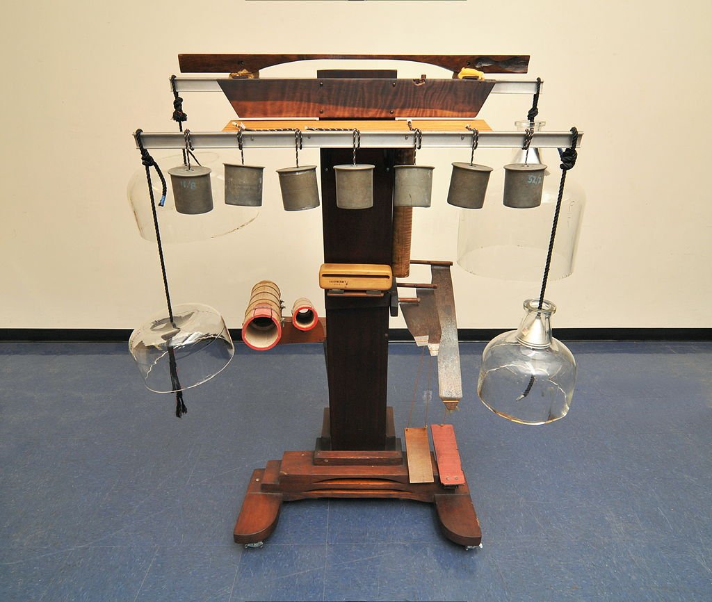 four of my favorite musical instruments invented by composer harry partch [clockwise L-R]:• gourd tree• quadrangularis reversum (a souped-up marimba)• spoils of war (what a name!)• the chromoledeon (a pump organ tuned to partch's 43-note scale, with colour-coded keys).