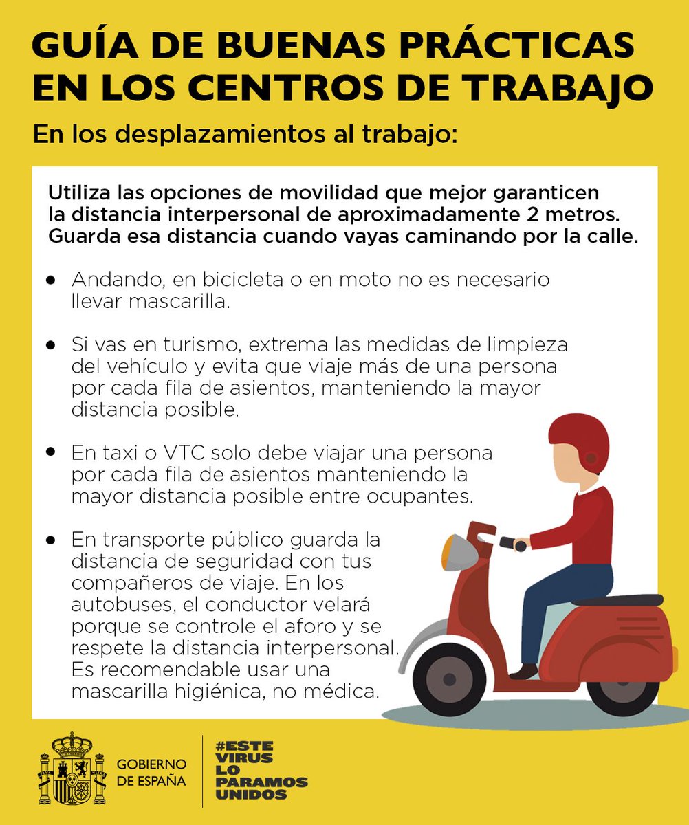 sanidadgob's tweet photo. 🚗En los desplazamientos al trabajo:

🔹Andando, en bicicleta o en moto no es necesario llevar mascarilla

🔹En los coches solo debe ir una persona por cada fila de asientos

🔹Guarda las distancia de seguridad en el transporte público. 
#COVID19  

#EsteVirusLoParamosUnidos https://t.co/qKpNDFvatk