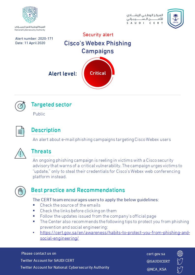 تحذير أمني رقم: 171-2020
تاريخ: 2020/04/11
بخصوص حملات تصيّدية تستهدف برنامج Cisco Webex

cert.gov.sa/ar/security-wa…

#Saudi_CERT