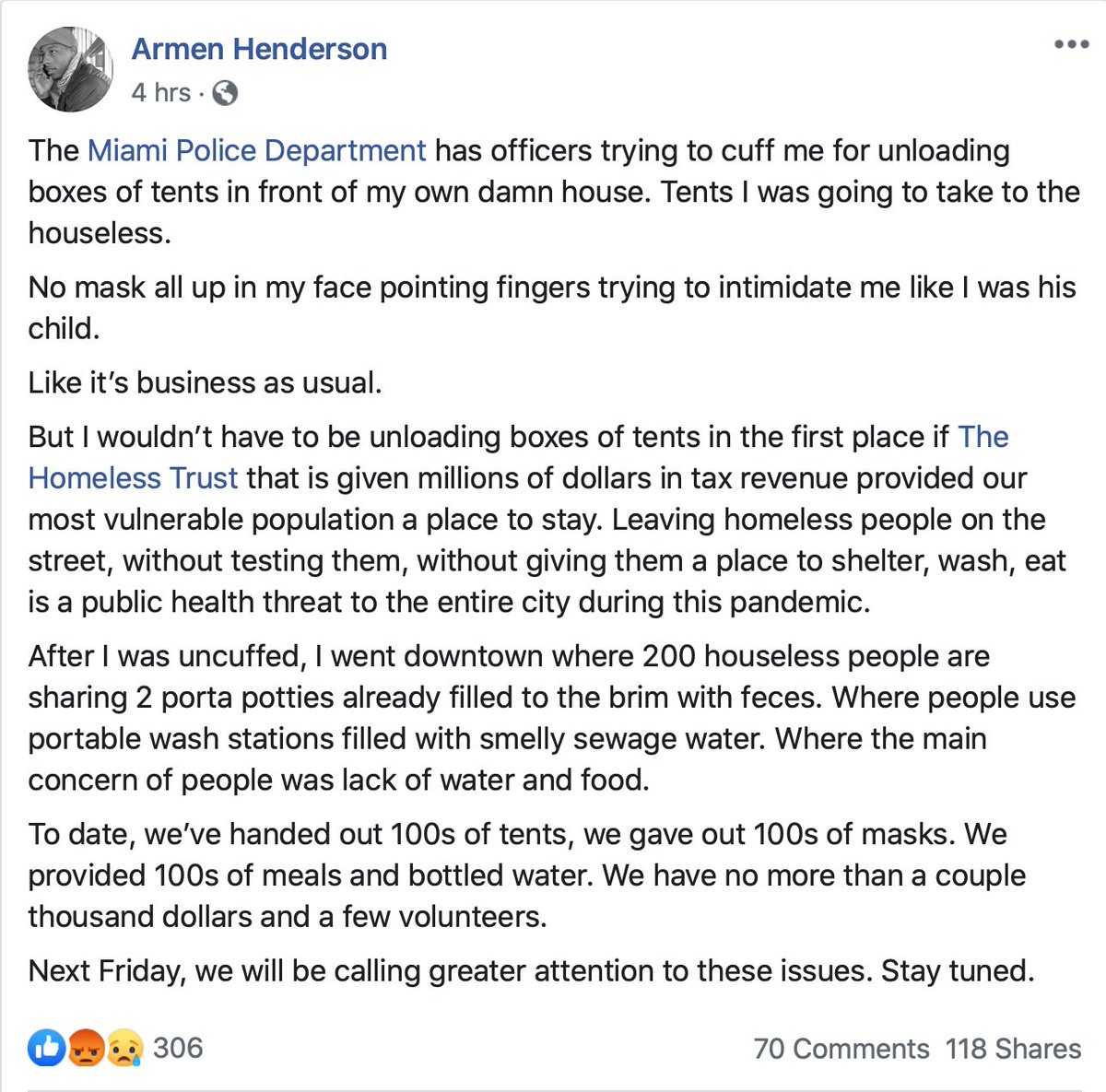 Dr. Henderson's statement on Facebook this morning: "After I was uncuffed, I went downtown where 200 houseless people are sharing 2 porta potties already brimming with feces...We've handed out 100s of tents, we gave out 100s of masks. We provided 100s of meals and bottled water."