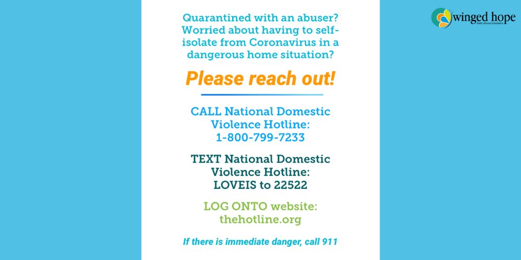 WingedHope1's tweet photo. In these chaotic times, we know that many people might be essentially trapped with their abusers. This can affect a safety plan, and the ability to get away from harm. Just know that you are not alone, please reach out for help. 💛 #WingedHope #HopeHeals #coronavirus https://t.co/i6Yhzl8bjI