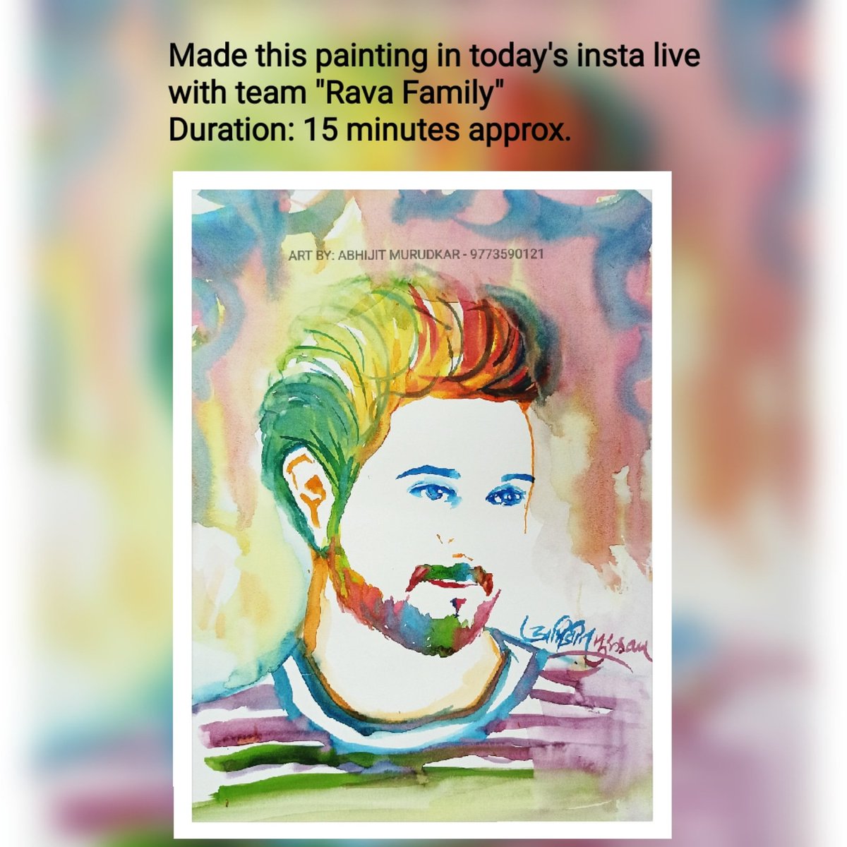Made this painting in today's insta live with team 'Rava Family'
Duration:15 minutes app.
#QuckSketch #painting 
#watercolors #illustration #saraswatiarts #saraswati_arts #portrait #abhijitmurudkar #abhijit_murudkar #art #artist #SwapnilJoshi @swwapniljoshi @RAVA_Family