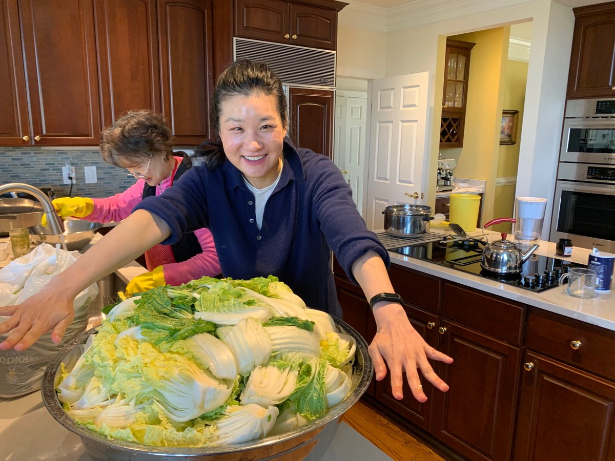 We’re finally done inspecting, quartering, one salt rinse, then salting between all the leaf layers of a box of Napa cabbage. My arm for scale on the bowl. We’ll let it sit for ~3 hours.  #quarantinekimchee  #kimjang  #김장