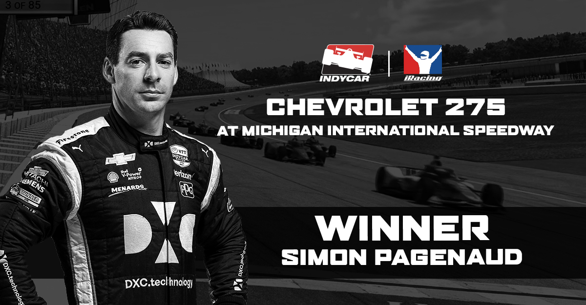 Ntt Indycar Series On Twitter Simonpagenaud Takes The Checkered For Round 3 Of The Indycar Iracing Challenge At Virtual Michigan International Speedway Indycar Indycarchallenge Iracing Teamchevy Mispeedway Https T Co At8jdgn0nd