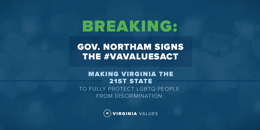 DotOUTBoston's tweet image. LGBTProgress: RT EqualityVA: #BREAKING: GovernorVA just signed the #VAValuesAct, making our state the 21st to FULLY protect #LGBTQ people from discrimination!
