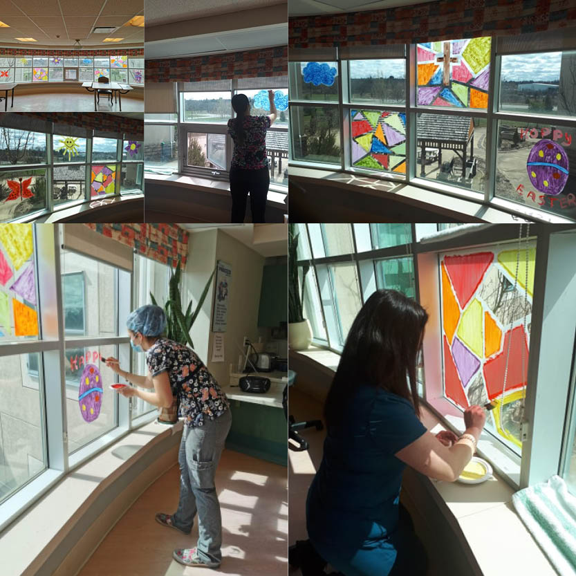 STJOESGUELPH's tweet photo. Easter is different this year at St. Joseph’s because safety precautions prevent families from visiting. Residents and staff wanted to spread some Easter cheer and brighten spirits by decorating some of our windows. They are beautiful! https://t.co/YzNKh56QmH