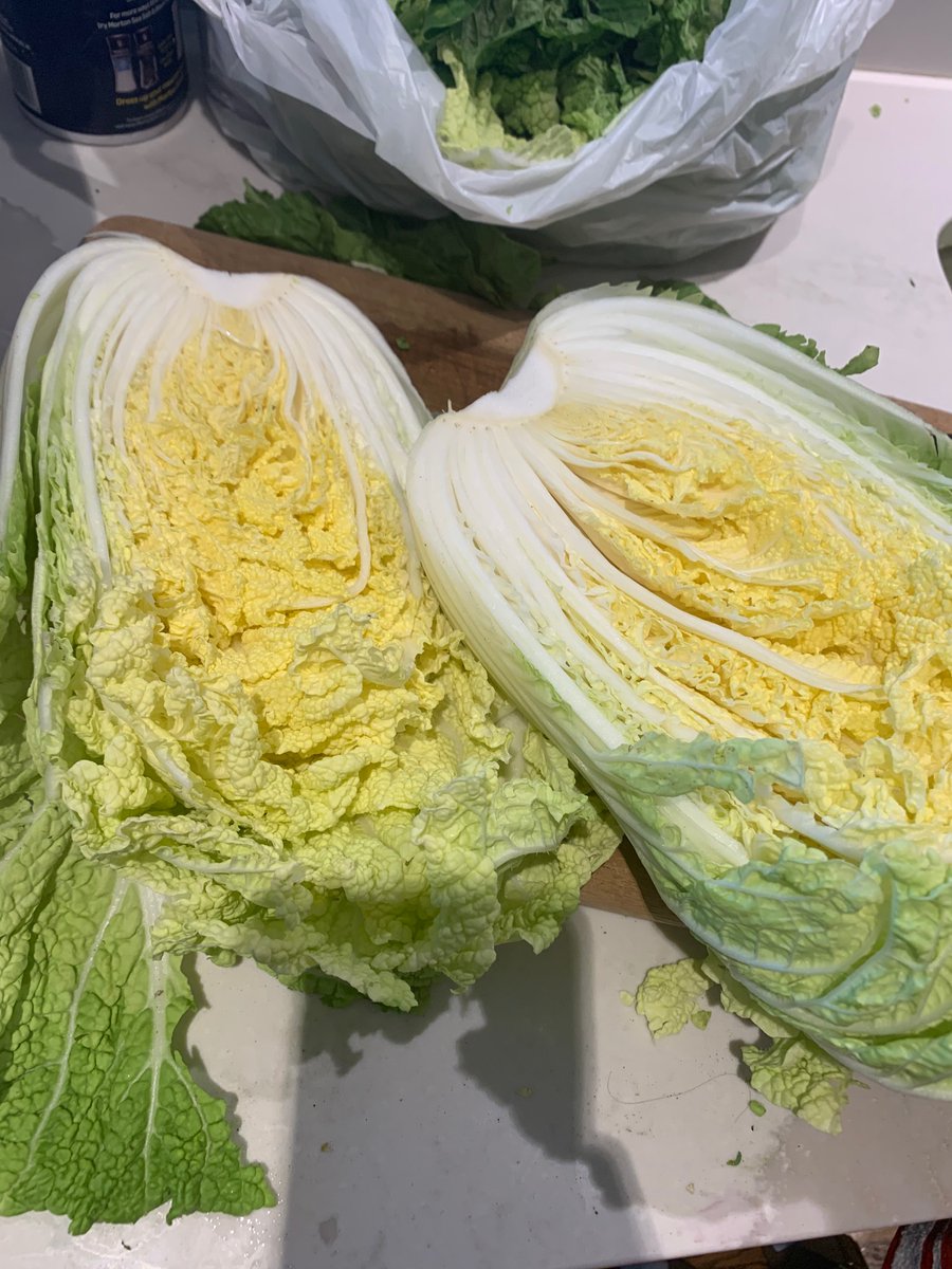 I never noticed before— she was particular about halving and quartering the cabbage — cutting only through the white parts, then pulling apart the rest so the leaves tear apart.
