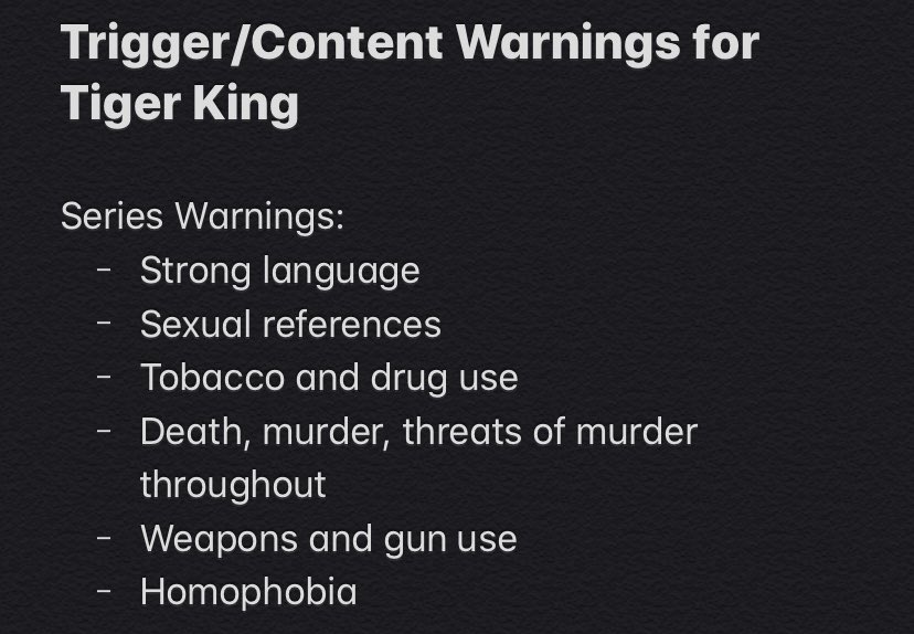 car_monet's tweet photo. !! PLEASE READ !!
Comprehensive list of trigger/content warnings for Tiger King on Netfliex (1/2)
Spoilers included in TWs https://t.co/VgkfyqjtSB
