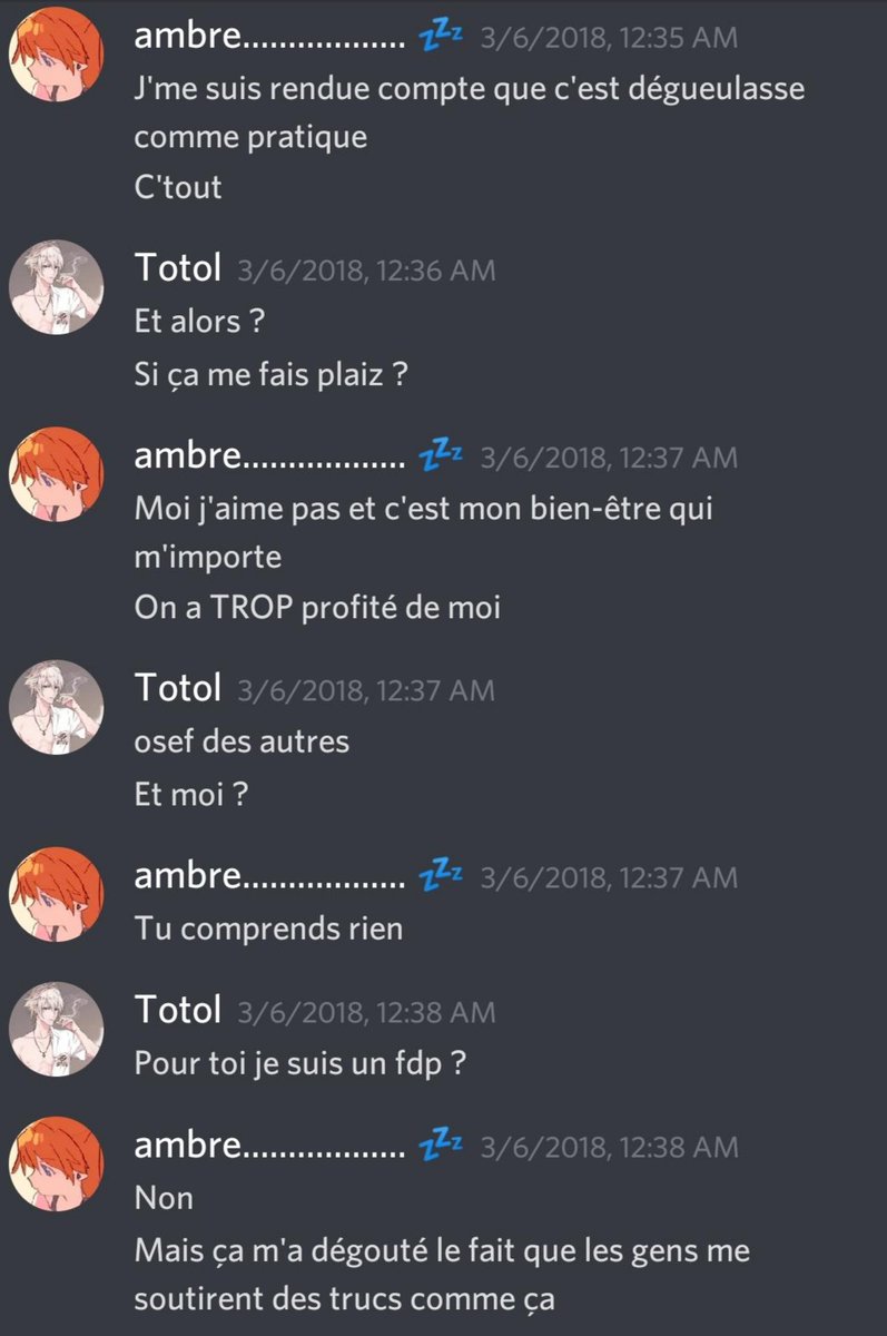 Rien à dire. Des gens me disent qu'il a changé, mais j'y crois pas. Il a toujours forcé pour me reparler, ça fait plus de 2 ans, plus de 2 ans qu'il est toujours obsédé avec moi. Il a enfin arrêté de me parler il y a 2 semaines après que je lui ai demandé une énième fois.