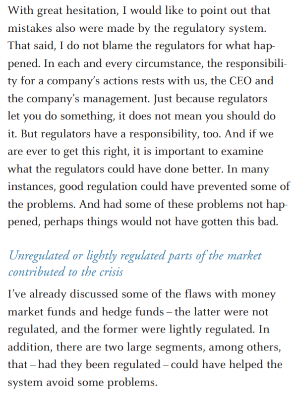 10/n Heard Regulators were the main culprit, was it really?"In each and every circumstance, the responsibility for a company’s actions rests with us, the CEO andthe company’s management."Basel 2 & 2.5 failed, these are the shortcomings of Basel 3:  https://marketrealist.com/2014/09/shortcomings-basel-3-accord/