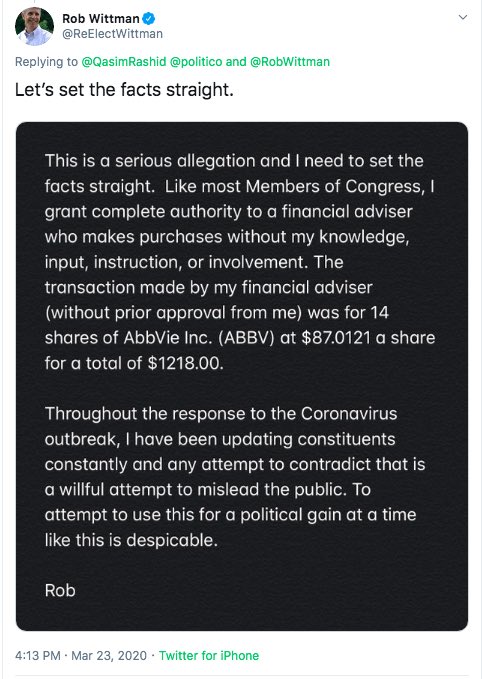  #COVID19 has now killed 20,304 AmericansWe asked my GOP opponent  @RobWittman why he falsely told us “the virus is NOT spreading” while buying himself Pharma stock in a potential COVID19 vaccine?He called our ask “despicable”But thats the least of the problemThread/1