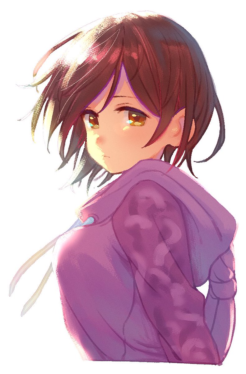 roboco-san 1girl solo pink hoodie hood brown hair short hair hoodie  illustration images
