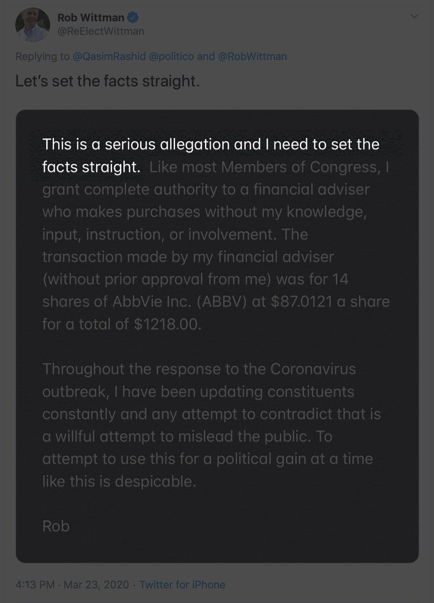 First,  @RobWittman calls our simple ask for transparency a “serious allegation.”We didn’t make any allegation.We asked why he falsely told us the virus is NOT spreading while he bought himself Pharma stock?He hasn’t answered or set any facts straight.But it gets worse/2