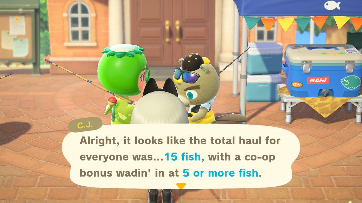 Here is how the fishing tourney group fishing works, we were in a 3 person group and I only caught 4 fish, but i got 16 points!Normally I would only get 6 points (4 + 2pt bonus) but fishing with other people let me get 10 whole extra points! (5pt 5-fish bonus + 5pt group bonus)