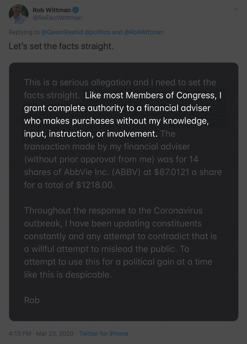 Next— @RobWittman argues “everyone does it,” & he gives “complete authority” to someone elseHe doesn’t call it a blind trustHe wants us to believe AS he got briefed on COVID19 pandemic—*coincidentally* his advisor bought stock in a Pharma corp working on a COVID19 vaccine/3