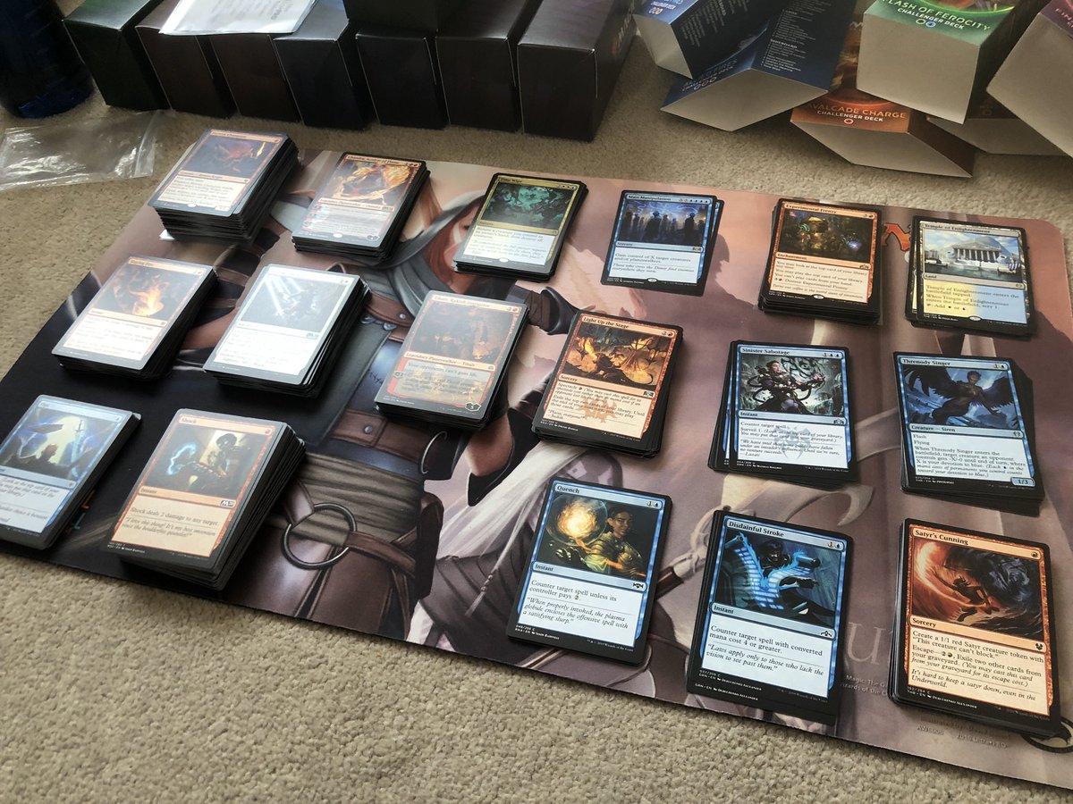 crackinspace's tweet photo. Interesting visualisation of set &amp; rarity breakdown in the new 2020 Challenger Decks - heavily weighted towards Thrones, closely followed by M20! #MTG https://t.co/IAIUkxGvVk