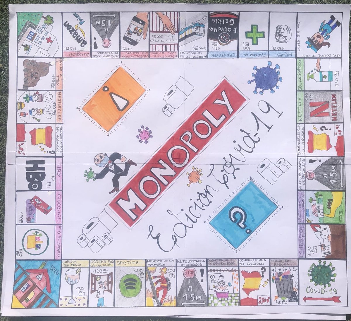 IesGustavo's tweet photo. 🎲Esta versión del Monopoly en tiempos de 🦠 nos la manda Andrea Moreno, alumna de 1ºBACH. ¡Nos encanta! 👏👏 Confinamiento, creatividad, espíritu positivo, ganas de vivir.. 🌈❤️ Y tú, ¿cuántos rollos de papel higiénico 🧻 pagarías por una casa con jardín? #Algete #QuedateEnCasa https://t.co/apYxO7egAy