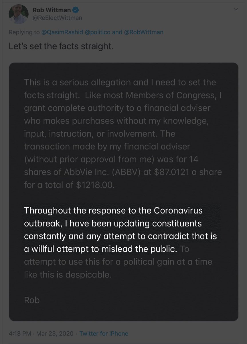 Now  @RobWittman goes on the attack & claims we’re “contradicting” that he’s updated constituents constantly.But we never contradicted that.We simply asked why he falsely told us the virus was NOT spreading while he bought himself Pharma stock.He still hasn’t answered. /5