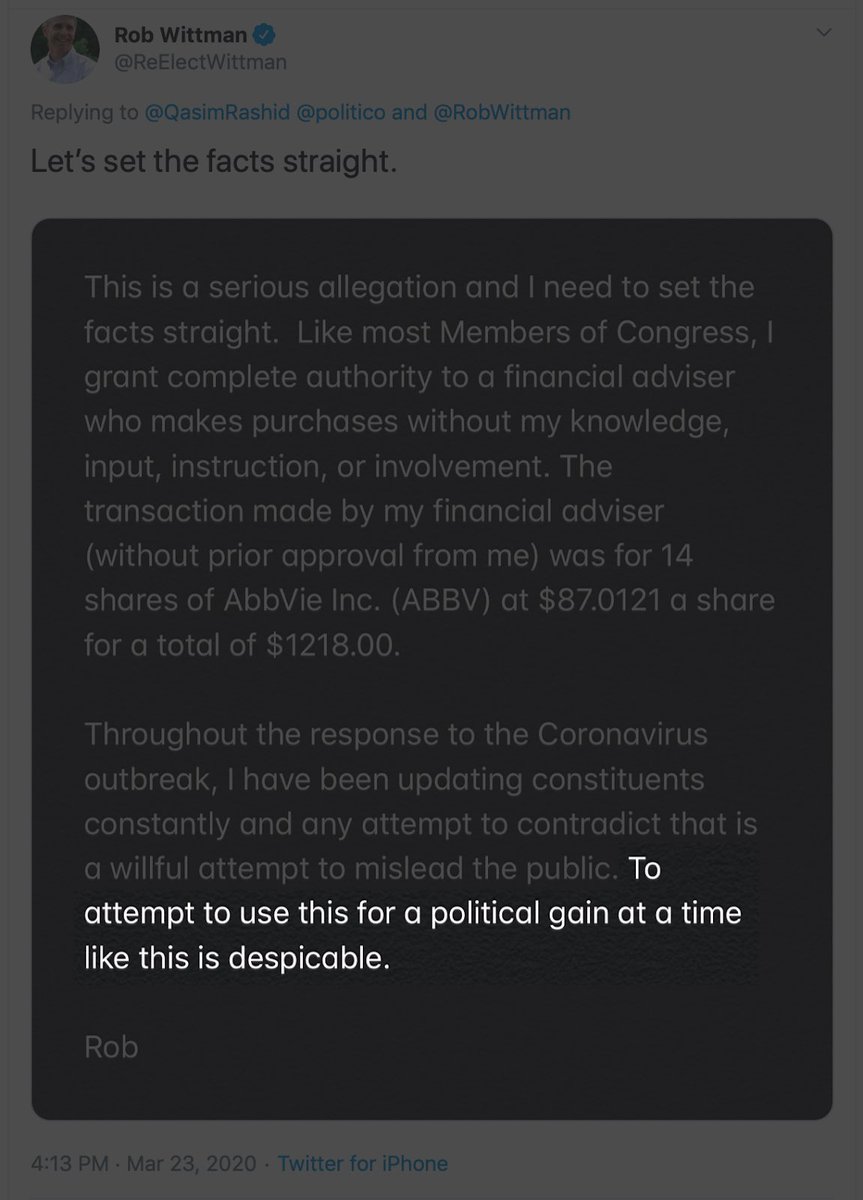 Finally,  @RobWittman calls our ask for transparency “despicable” & accuses us of playing politicsHe still wont answer our inquiry of why he bought stock in a potential vaccine while falsely telling us the virus is NOT spreadingBut let’s talk about actually playing politics/6