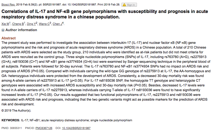 Couple IL-17A SNPs associated w/ susceptibility 2 ARDS, cerebrovascular disease, asthma, flu etc... May/may not be relevant 2  #covid19 . I lack expertise to critically evaluate GWAS lit, but putting here 4 someone else to investigate.