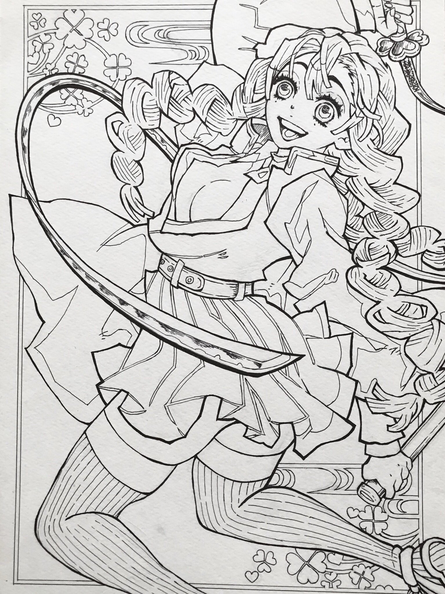 みなみ 札幌 作っていたぬりえが完成いたしました 漫画 鬼滅の刃 の甘露寺蜜璃ちゃんです アナログ手描きです 制作の様子はミラティブアーカイブにあります おうちのプリンターや コンビニのコピー機などで印刷してご自由にお使いください
