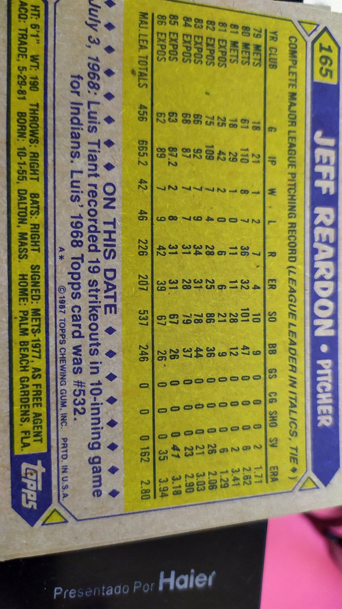 tiburonesenlara's tweet photo. La historia que encontré detrás de la tarjeta topps 87 de Jeff reardon sobre Luis #tiant https://t.co/nkE12BEN4Z
