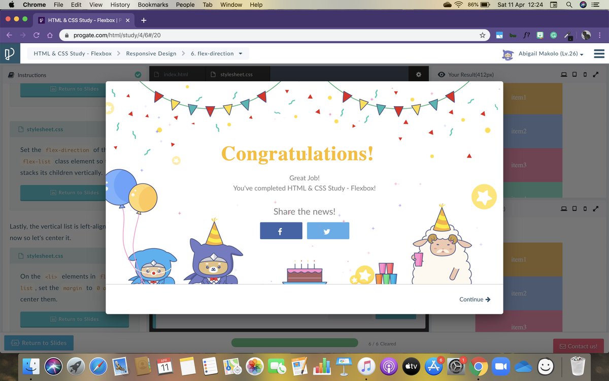 abigailayogu's tweet image. Day 2 of #21DaysOfCode #Code2Success
Rounded up my HTML&amp;amp;CSS Lessons on @progateEN 🍾🎉
Oh yeah and Flexbox is niice.