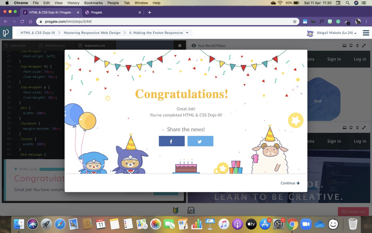 abigailayogu's tweet image. Day 2 of #21DaysOfCode #Code2Success
Rounded up my HTML&amp;amp;CSS Lessons on @progateEN 🍾🎉
Oh yeah and Flexbox is niice.