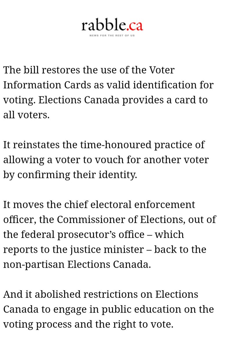 9) There was surprisingly little opposition voiced by the Conservatives considering the fact that Bill C-76 essentially undid much of the reforming that Harper's government brought in not long before. Their act required stricter measures surrounding acceptable ID when voting.